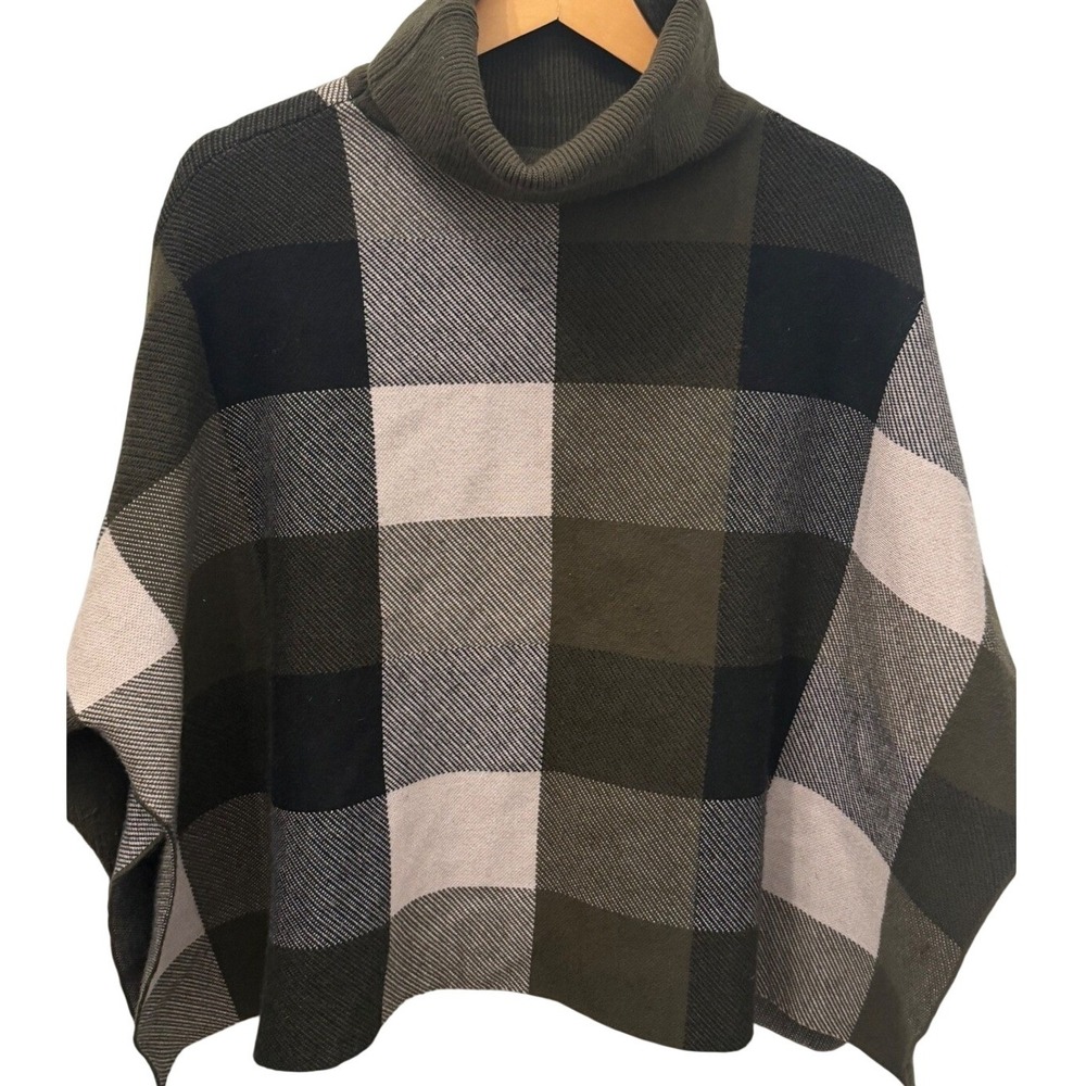 Chicwish Lie In Check Fields Turtleneck Cape Sweater Poncho Army‎ Green Plaid OS
